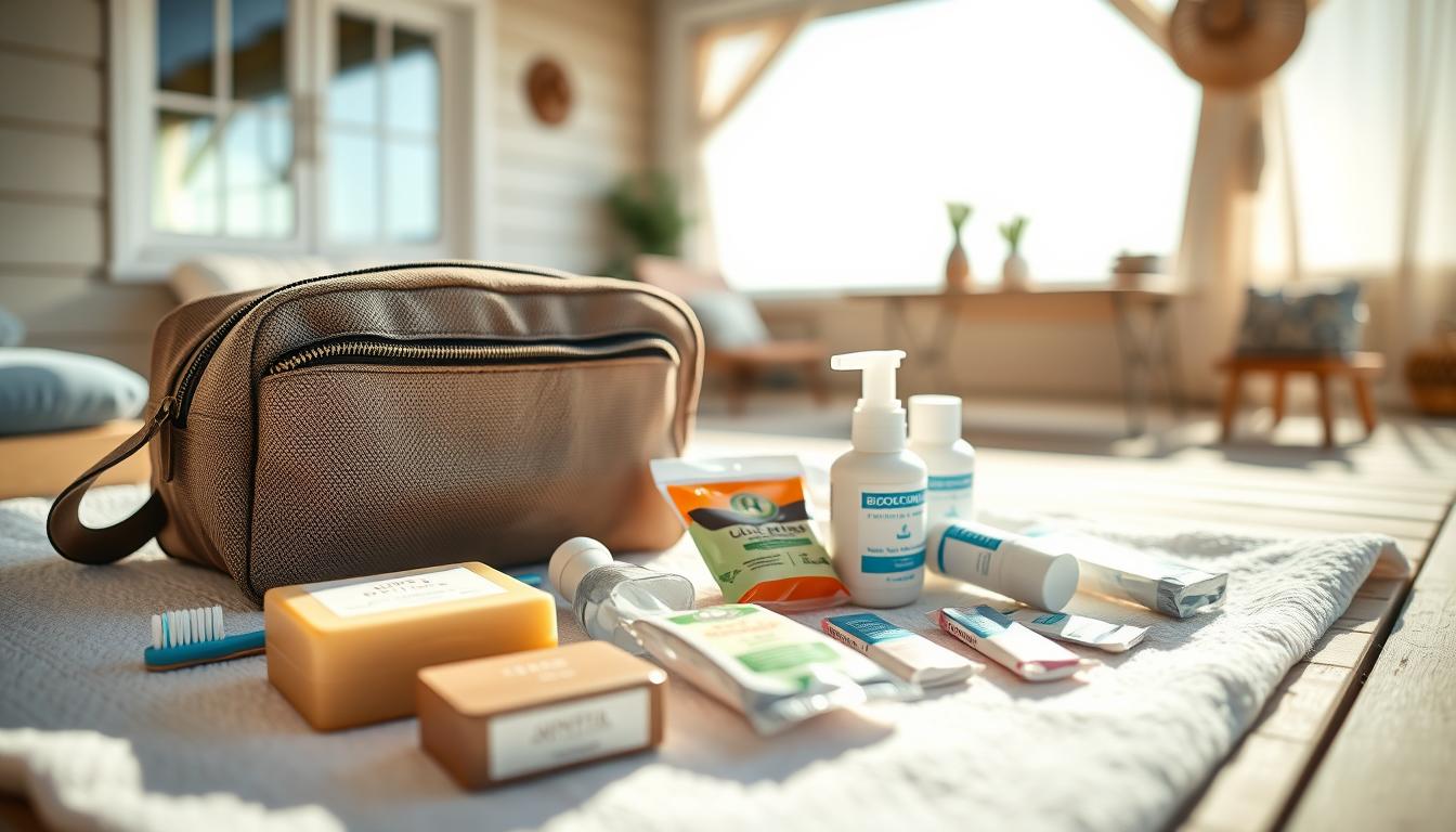 A neatly arranged travel hygiene kit spread out on a clean white towel. In the foreground, display essential items like biodegradable soap, a compact toothbrush with a travel case, travel-sized shampoo and conditioner bottles, a small pack of biodegradable wet wipes, and a set of eco-friendly dental floss picks. The middle ground features a stylish, reusable toiletry bag, with its zipper slightly open revealing more items tucked inside, while the backdrop showcases softly blurred views of a Scandinavian-style vacation home, hinting at a cozy, inviting atmosphere. The lighting is bright and natural, suggesting a sunny day, captured with a Sony A7R IV at 70mm for sharp detail and vibrant colors, using a polarized filter for clarity. The overall mood is refreshing and organized, emphasizing the importance of hygiene while traveling.