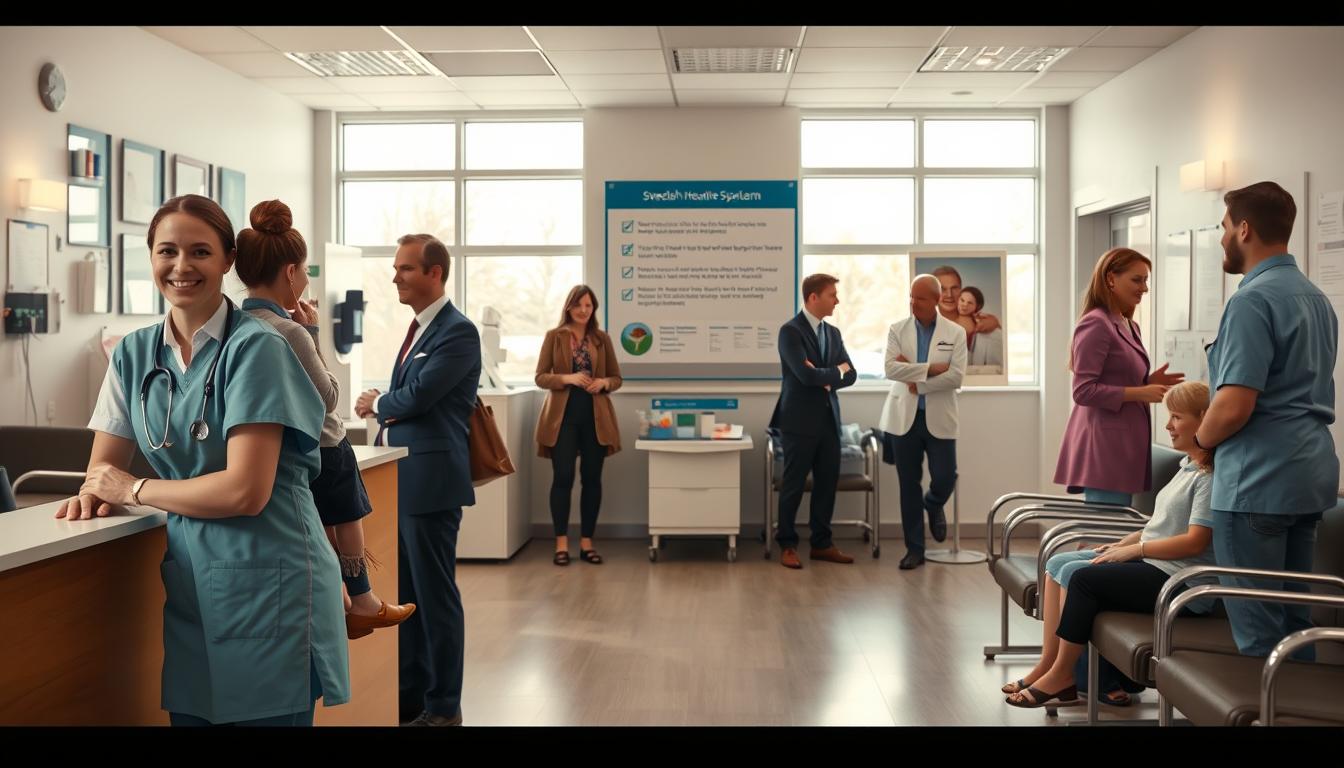 A panoramic view of a modern healthcare facility in Sweden, showcasing a clean, ...