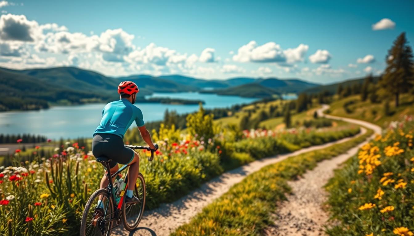A picturesque cycling scene in Västerbotten, featuring a winding path lined with vibrant wildflowers and lush greenery. In the foreground, a cyclist wearing a bright red helmet and a blue cycling jersey rides with enthusiasm, showcasing the joy of outdoor adventures. The middle ground captures a serene lake reflecting the stunning Swedish landscape, framed by rolling hills and patches of dense forest. In the background, a clear blue sky with fluffy white clouds adds depth and tranquility. The sunlight casts a warm glow over the scene, enhancing the colors and creating inviting shadows. Shot on a Sony A7R IV with a 70mm lens, the image is sharply defined, with a polarized filter to accentuate the vivid hues and ensure clarity in every detail.