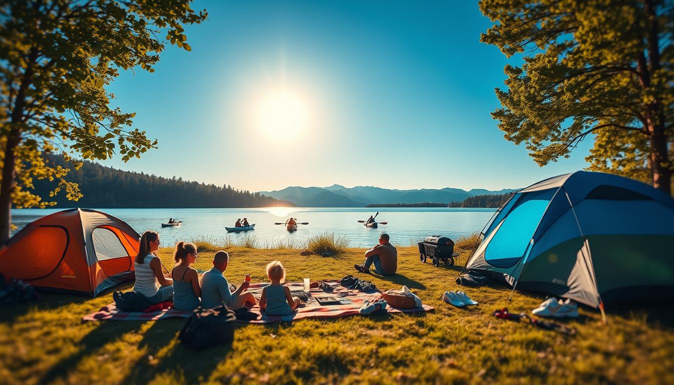 A picturesque outdoor scene showcasing a variety of camping activities. In the foreground, a family enjoys a picnic on a colorful blanket surrounded by essential camping gear, such as a compact tent and a portable grill. In the middle ground, a tranquil lake reflects the clear blue sky, with kayakers paddling gently around. Lush green trees frame the scene, adding depth and serenity. In the background, distant mountains rise against the horizon, hinting at adventure. The lighting is warm and golden from the late afternoon sun, casting soft shadows, creating a welcoming atmosphere. Shot on a Sony A7R IV at 70mm, with clear focus and sharp definition using a polarized filter, capturing the essence of leisure and outdoor enjoyment.