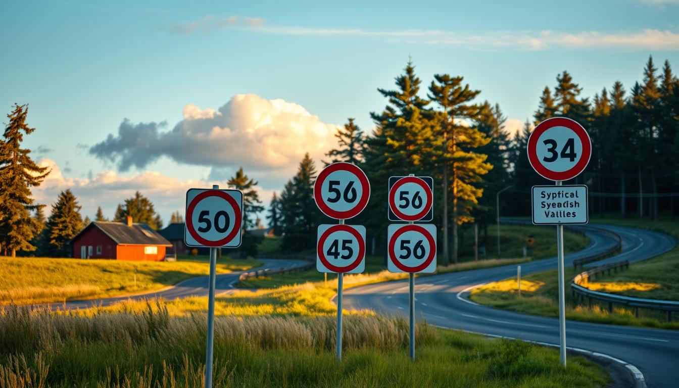 A picturesque roadside scene in Sweden, featuring a variety of distinctly Swedis...