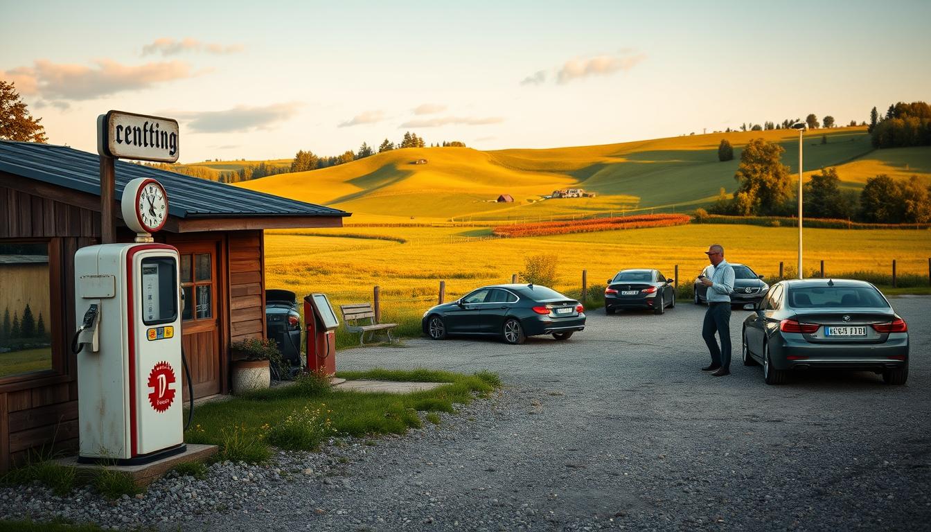 A picturesque rural gas station in Sweden, nestled among lush green fields and s...