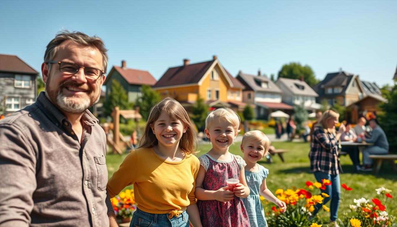 A picturesque scene capturing family-friendly activities in Vimmerby, Sweden. In...