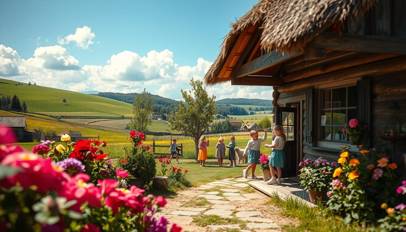 A picturesque scene depicting Bullerbü village life, inspired by the enchanting ...