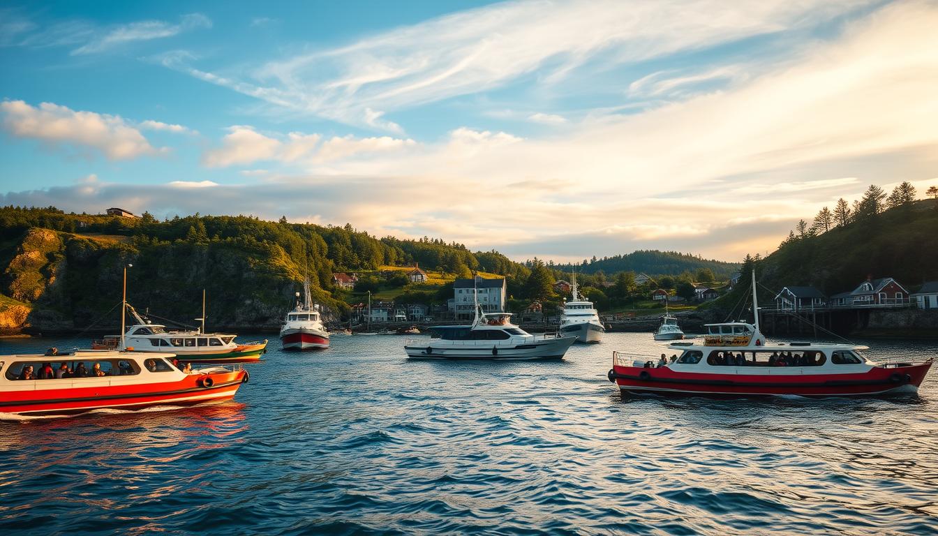 A picturesque scene depicting ferries surrounding the island of Orust, Sweden, i...