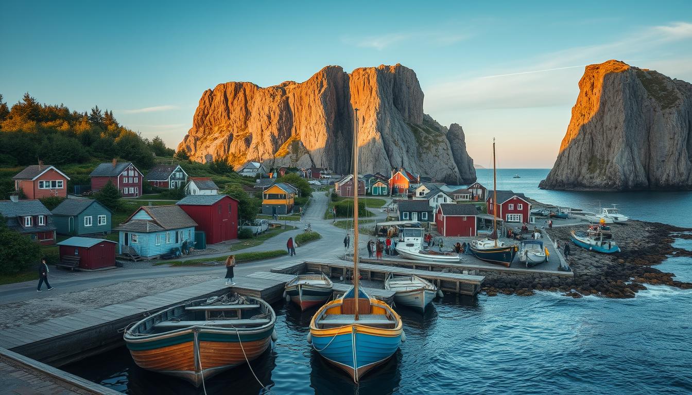 A picturesque scene of Bohuslän's coastal landscape featuring charming fish...