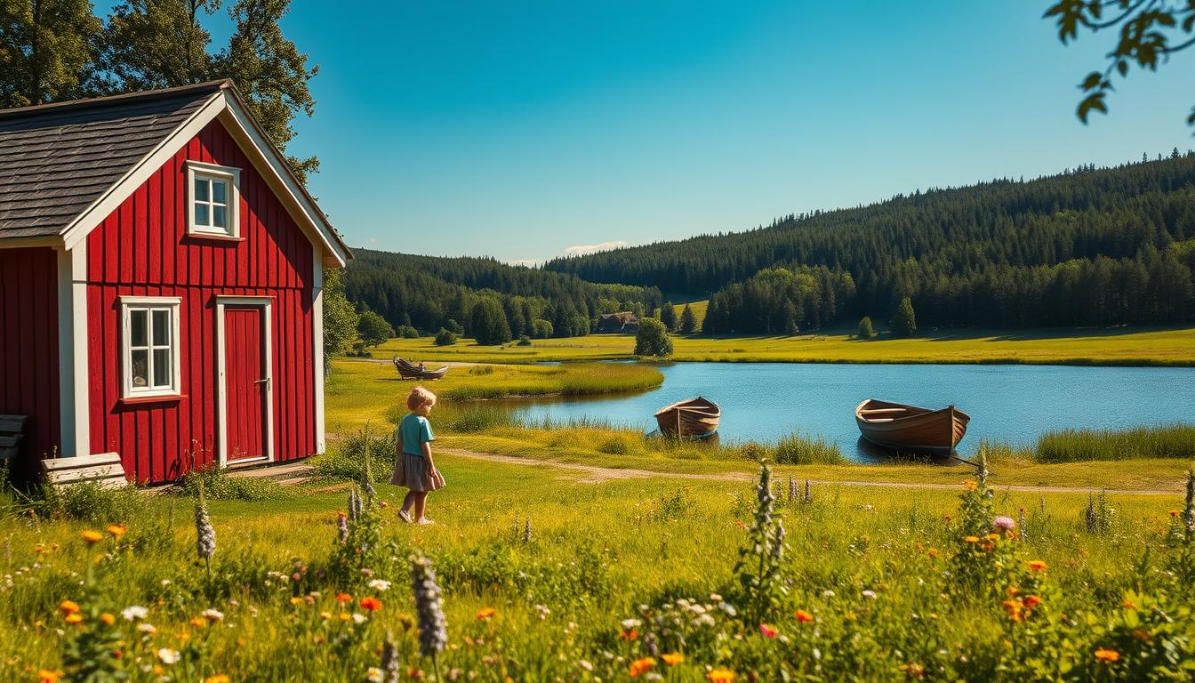 A picturesque scene of Småland, Sweden, showcasing its charming villages. In the...