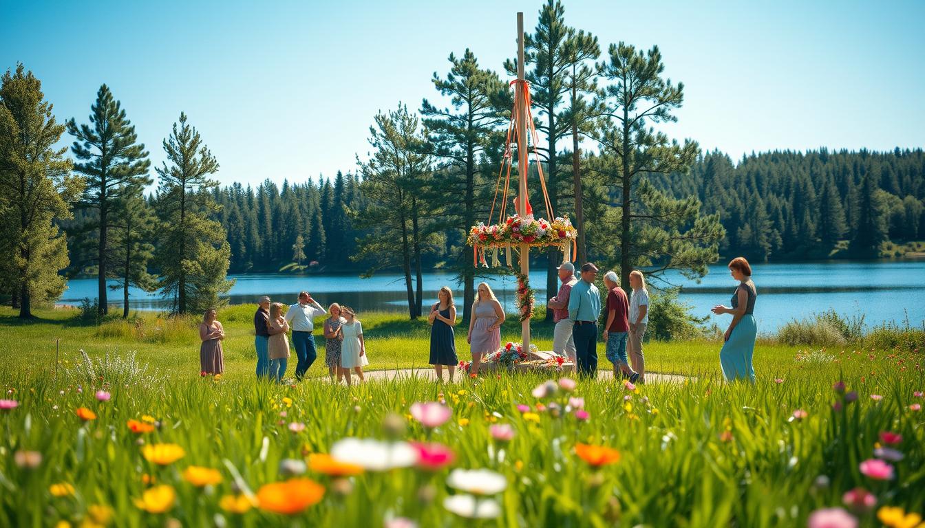 A picturesque scene of a Midsummer celebration in the Swedish countryside, showcasing vibrant green fields and colorful wildflowers in the foreground. In the middle ground, a traditional maypole adorned with flowers and ribbons stands tall, surrounded by small groups of people dressed in modest casual attire, laughing and dancing. The background features a serene lake bordered by dense pine forests, reflecting the clear blue sky. Sunlight filters through the trees, creating dappled light on the ground, evoking a warm, festive atmosphere. The image is captured with a Sony A7R IV at 70mm, ensuring sharp definition and a well-composed angle that highlights the joy and tradition of the celebration.