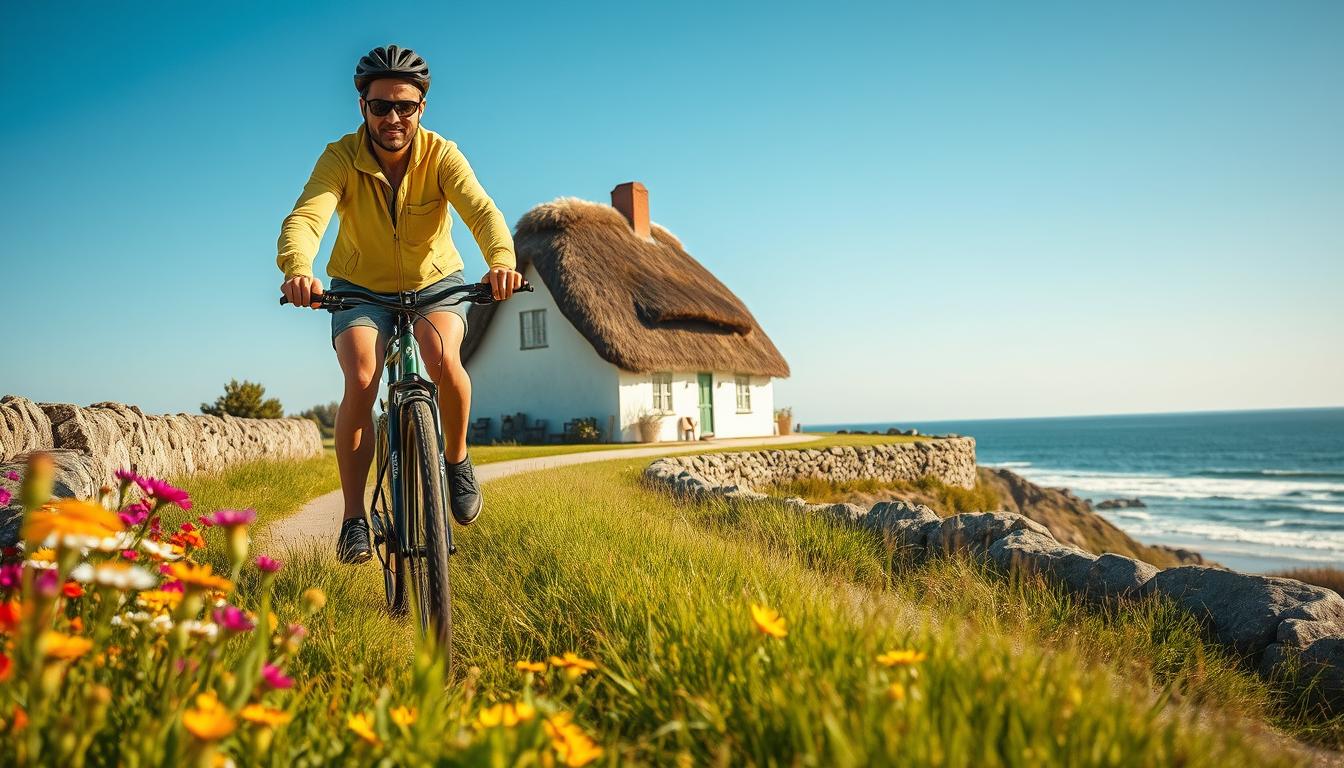 A picturesque scene of a cyclist on Gotland, Sweden, riding along a serene coast...