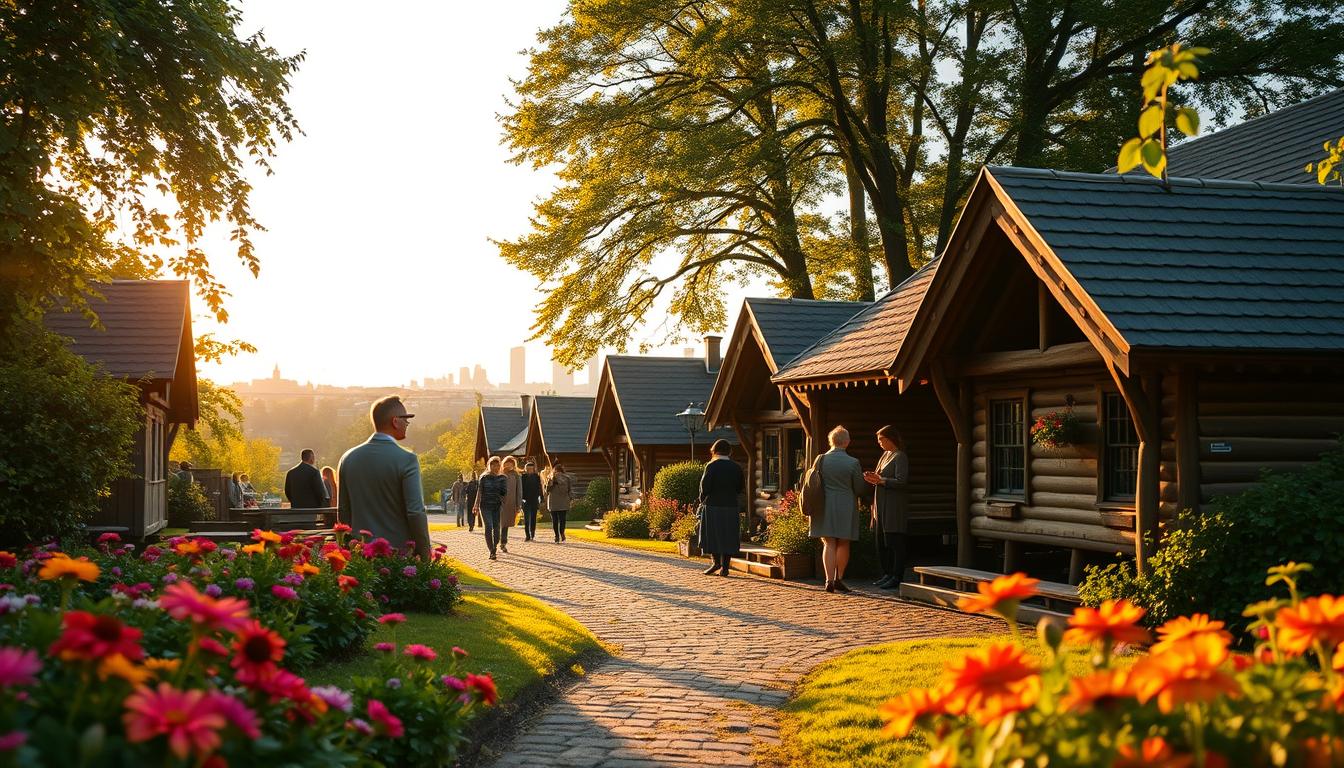 A picturesque view of Skansen Freilichtmuseum in Stockholm during golden hour, s...