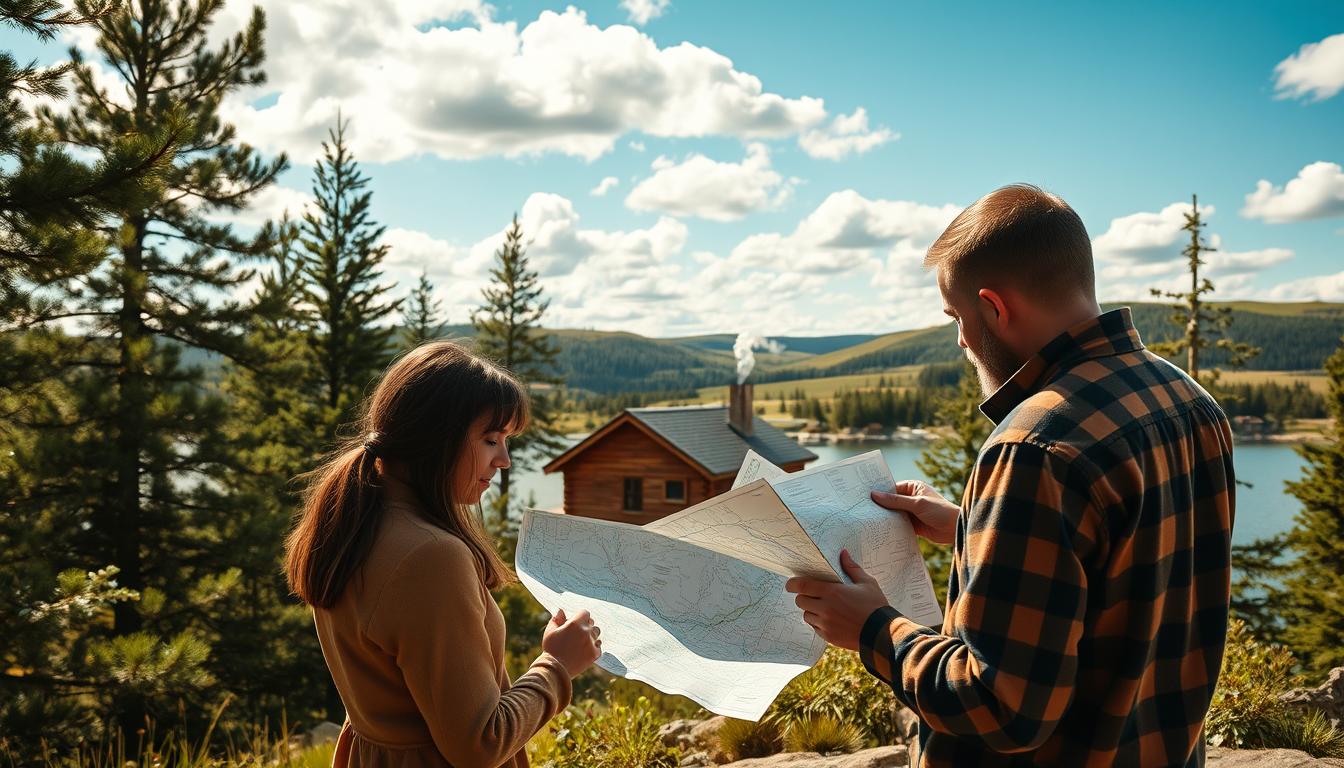 A picturesque view of a cozy wooden cabin in Sweden, nestled among lush green pi...