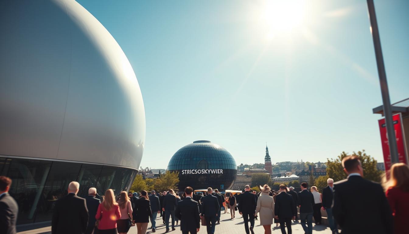 A picturesque view of the approach to Stockholm Skyview, capturing the sleek, modern architecture of the Ericsson Globe in the foreground. The scene is bustling with visitors arriving in professional attire, eagerly approaching the entrance. In the middle ground, the unique spherical structure of the Skyview stands tall against a clear blue sky, gleaming with sunlight. The background showcases the vibrant skyline of Stockholm, featuring historic buildings and lush greenery. The image is shot with a Sony A7R IV at 70mm, using a polarized filter for enhanced clarity and contrast. The mood is inviting and energetic, emphasizing the excitement of arriving at this iconic attraction. The lighting is bright and natural, highlighting the architectural beauty and the lively atmosphere.