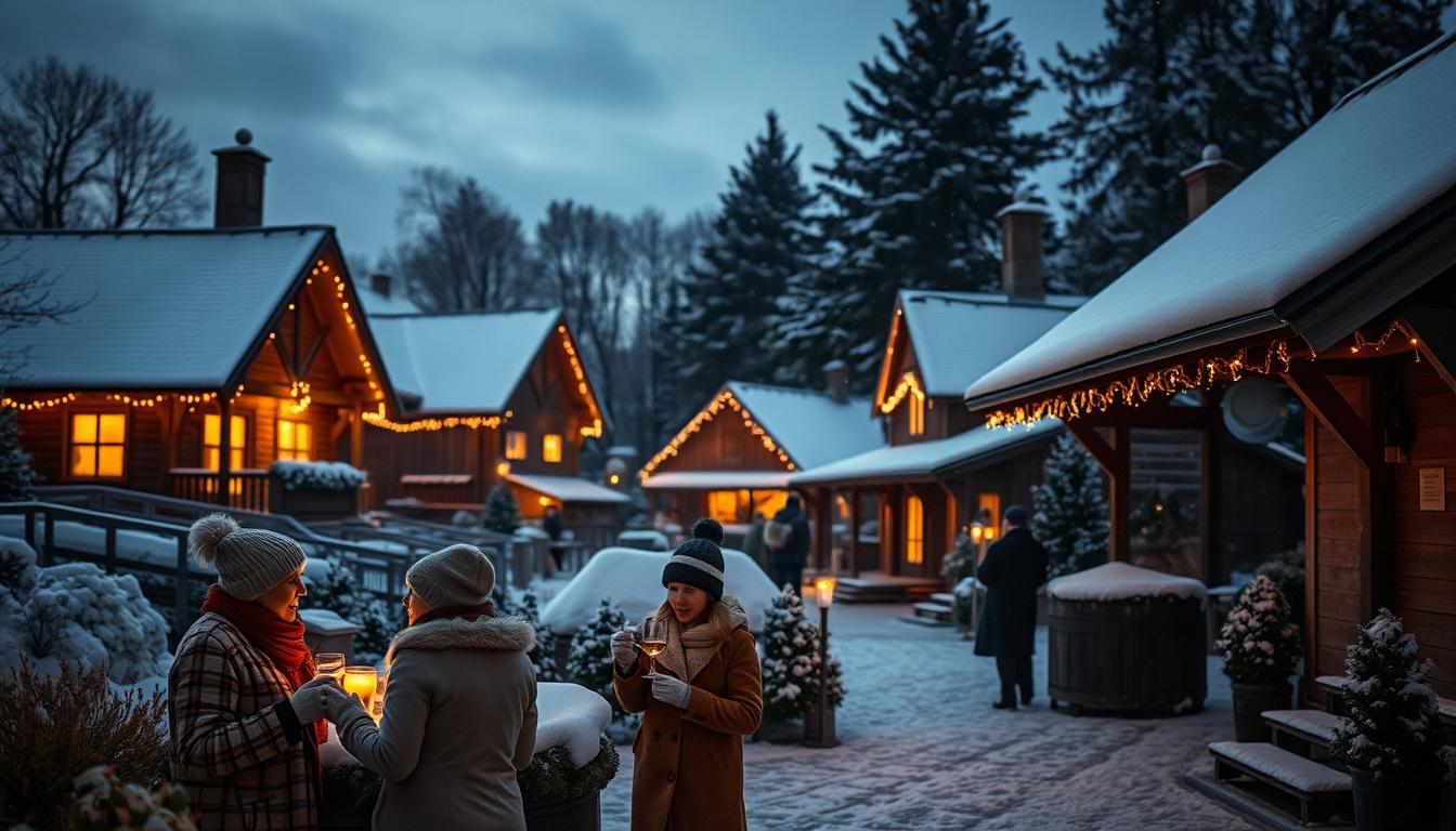 A picturesque winter scene at Skansen Open-Air Museum during the New Year celebrations in Sweden, featuring traditional Swedish architecture dusted with snow. In the foreground, a family dressed in modest winter attire is engaging in festive activities, such as sharing mulled wine and enjoying treats. The middle ground showcases charming wooden houses, gently illuminated by warm yellow lights, creating a cozy ambiance. The background features gently falling snowflakes and the dark silhouettes of Swedish fir trees under a twilight sky, casting a tranquil atmosphere. Captured with a Sony A7R IV at 70mm, the image is sharply focused with crisp details, enhanced by a polarized filter to highlight the vivid colors of the Christmas decorations and winter landscape.