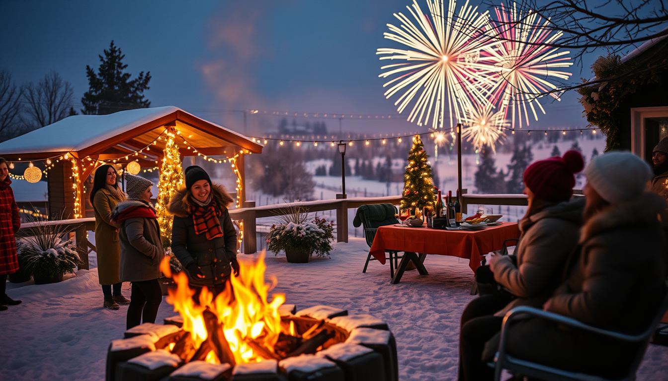 A picturesque winter scene in Sweden during New Year's Eve, showcasing traditional Swedish festivities. In the foreground, a small group of people dressed in cozy, modest winter clothing, smiling and enjoying each other's company around a warm bonfire. In the middle ground, a beautifully decorated outdoor area with twinkling lights, festive ornaments, and a table filled with traditional Swedish holiday foods like herring and meatballs. In the background, a breathtaking display of colorful fireworks lighting up the night sky over a snow-covered landscape, with silhouettes of pine trees. The atmosphere is joyful and inviting, captured with sharp focus, using a Sony A7R IV at 70mm, with a polarized filter enhancing the colors and light reflections. The scene conveys a sense of warmth, celebration, and Swedish traditions.