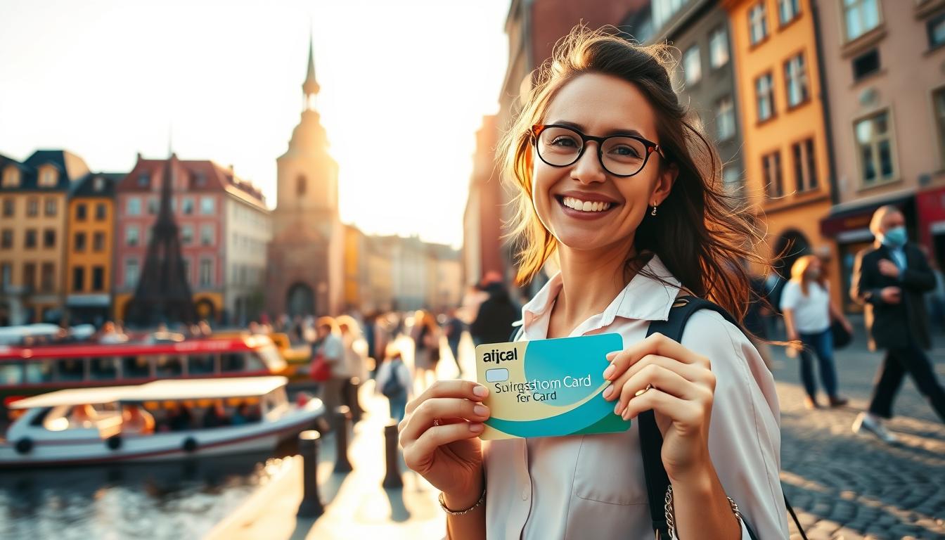 A scenic depiction of savings with the Stockholm Card. In the foreground, a woma...
