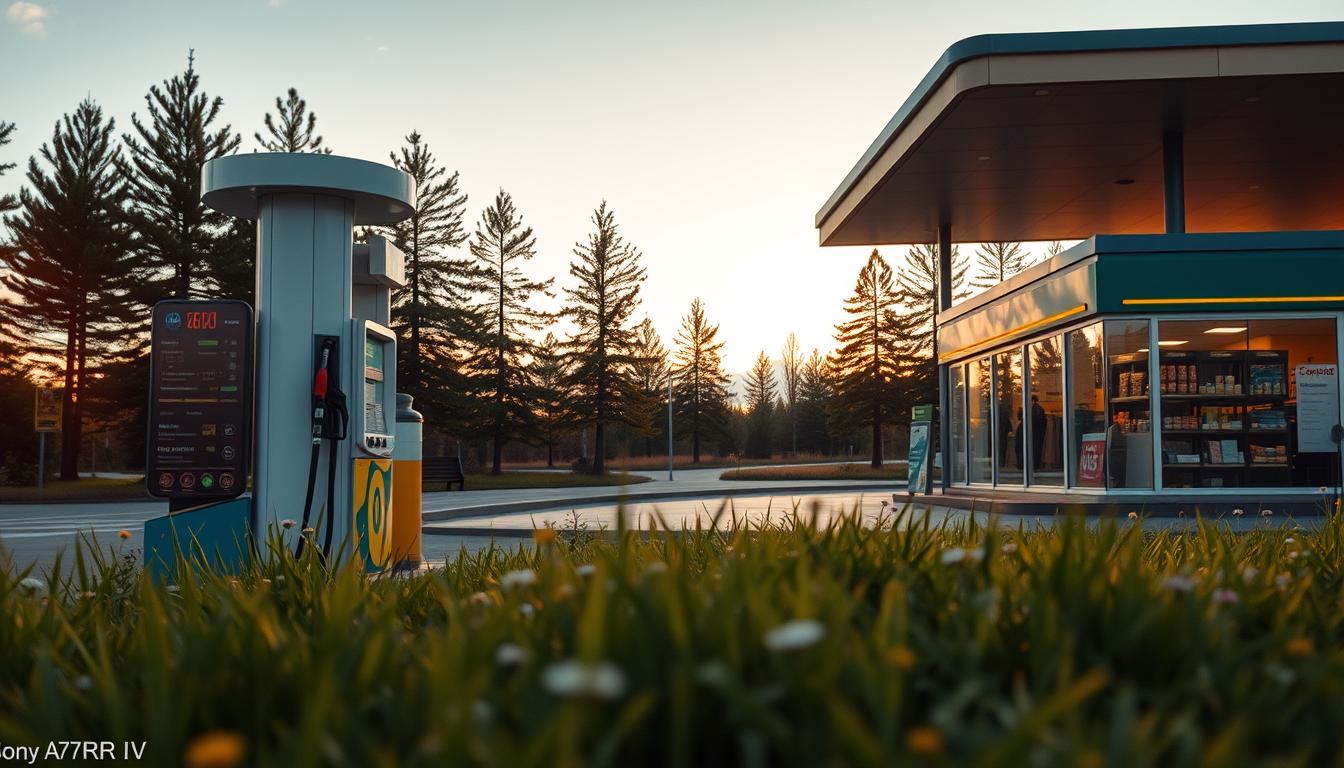 A scenic gas station in Sweden during the golden hour, featuring a modern design...