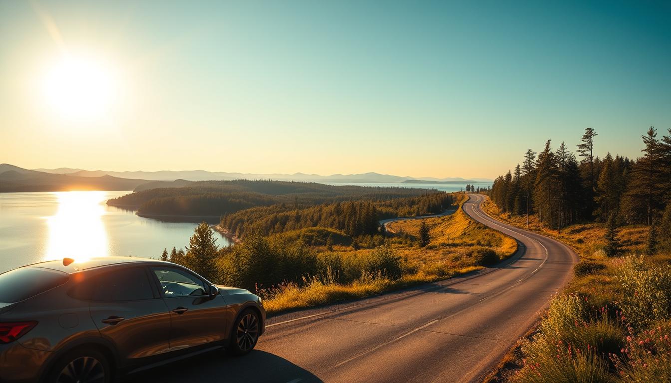 A scenic road winding through the picturesque landscapes of Sweden, showcasing l...