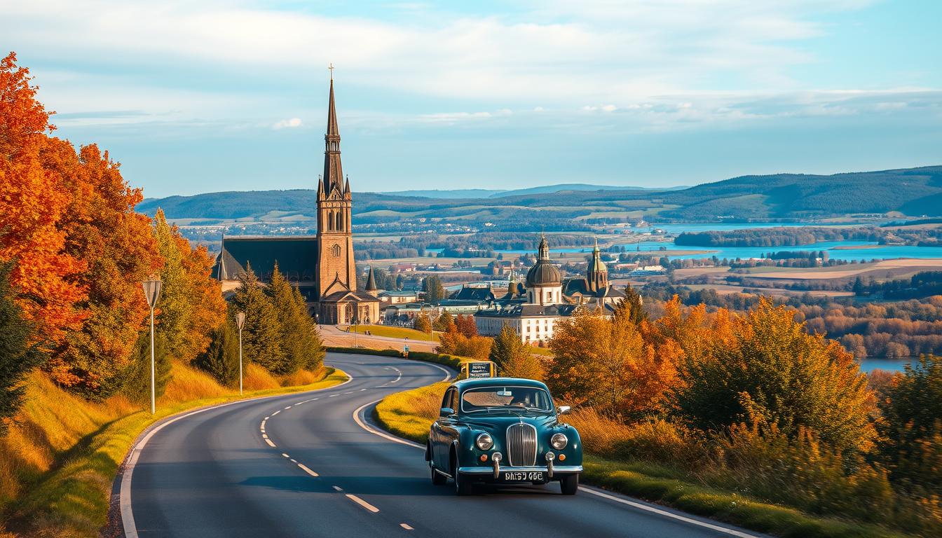 A scenic route through Sweden showcasing iconic landmarks and natural beauty alo...