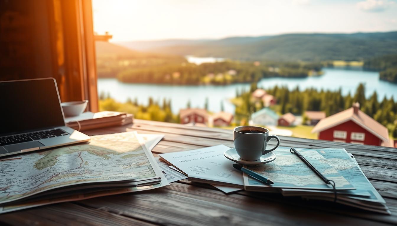 A scenic travel planning scene showcasing a beautiful Swedish landscape. In the foreground, a wooden table cluttered with maps, a laptop, and travel brochures about Sweden. On the table, a steaming cup of coffee sits beside notes with travel itineraries. The middle ground features a breathtaking view of a serene Swedish lake surrounded by lush green forests and traditional red wooden houses. In the background, gentle hills under a clear blue sky enhance the natural beauty. The image is captured with a Sony A7R IV at 70mm, ensuring sharp details and a clear focus on the foreground items, while maintaining a soft bokeh effect in the background. A warm, inviting atmosphere is created by soft, natural sunlight illuminating the scene.