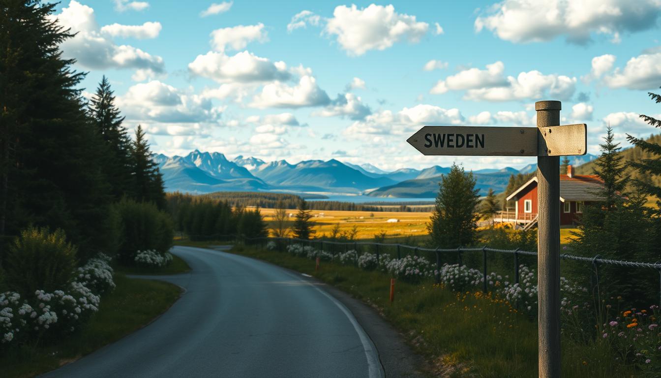 A scenic travel route through Sweden, featuring a winding road flanked by lush green forests and sparkling lakes. In the foreground, include a well-marked signpost pointing towards popular destinations like Stockholm, Gothenburg, and Malmö. In the middle ground, showcase a picturesque landscape of majestic mountains and fields of vibrant wildflowers, with a bright blue sky overhead dotted with fluffy white clouds. In the background, a serene traditional Swedish cottage can be seen, emitting a warm and inviting atmosphere. The lighting should be soft and natural, simulating the golden hour just before sunset, captured with a Sony A7R IV at 70mm, clearly focused and sharply defined, utilizing a polarized filter for enhanced clarity. The overall mood is tranquil and inspiring, perfect for planning an adventurous journey.