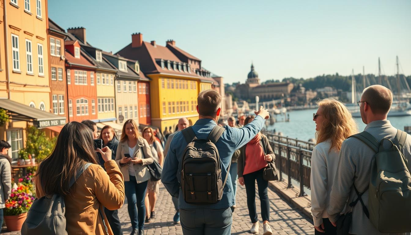 A scenic view of Stockholm featuring a guided walking tour for beginners. In the...