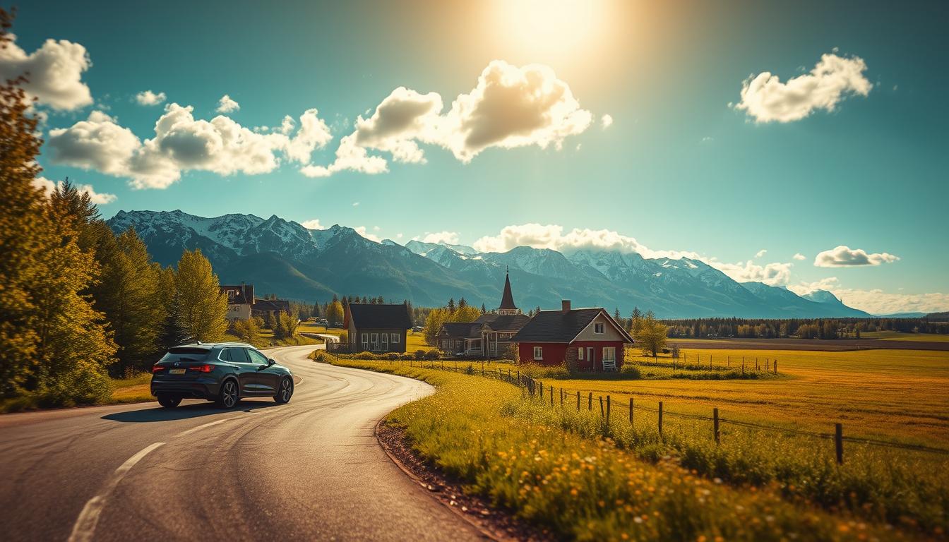 A scenic view of Sweden during the ideal travel season for a road trip. In the f...