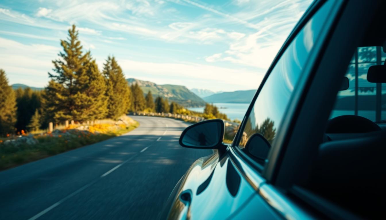 A scenic view of a car driving along a winding road in Sweden, surrounded by lus...