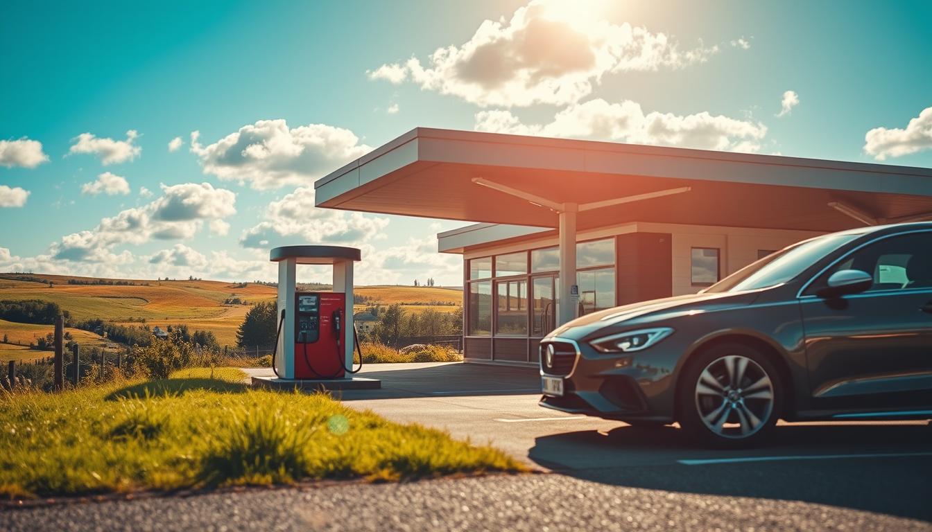 A scenic view of a fuel station in Sweden, featuring a modern petrol pump amidst...