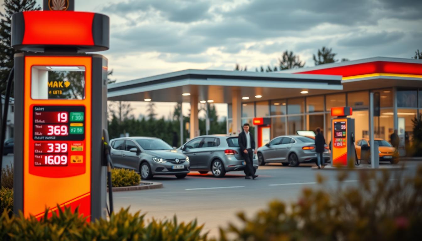 A scenic view of a modern gas station in Sweden, focusing on self-service fuel p...