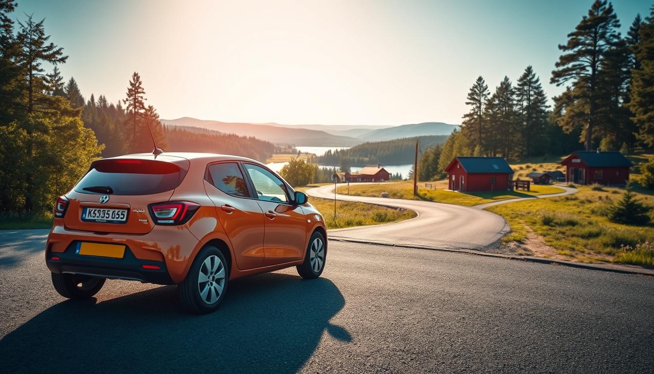 A scenic view of a rental car parked on a picturesque Swedish road, surrounded b...
