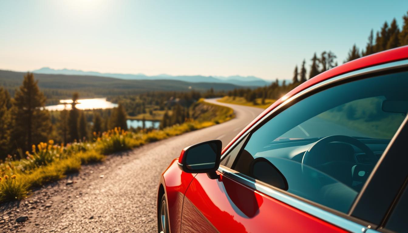 A scenic view of a road trip in Sweden, focusing on a rental car parked on a win...