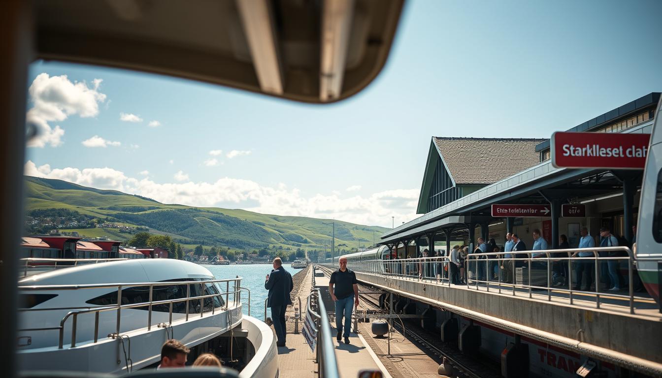 A scenic view of a transport hub in Sweden, showcasing various travel options. In the foreground, a sleek modern ferry docked by the waterfront, with passengers disembarking, dressed in smart casual clothing. The middle ground features a busy train station with individuals waiting for trains, surrounded by vibrant signage and bustling activity. In the background, rolling green hills and a peaceful blue sky create a picturesque backdrop. The scene is illuminated by soft, natural sunlight, enhancing the warm and inviting atmosphere. Shot on Sony A7R IV with a 70mm lens, focusing sharply on the ferry and station, utilizing a polarized filter to enrich colors and details, capturing the essence of traveling to Sweden.