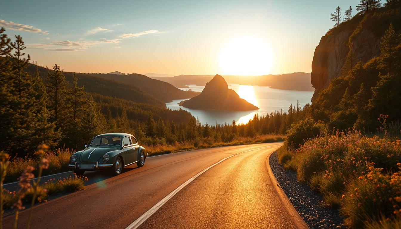 A scenic view of a winding road through the stunning landscapes of Sweden during...