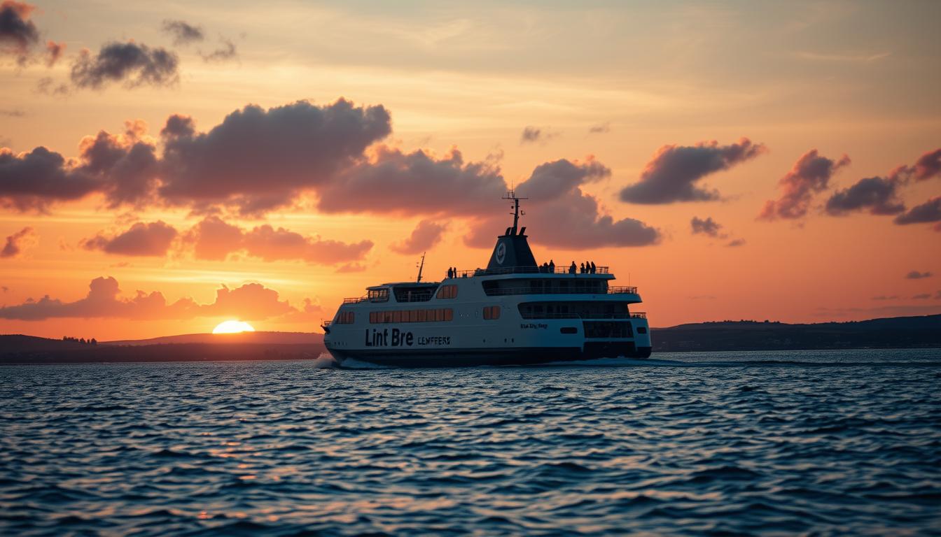 A scenic view of the Kiel to Göteborg ferry route at sunset, with a well-defined ferry cutting through calm waters, its silhouette reflecting on the waves. In the foreground, a vibrant sunset paints the sky in shades of orange and pink, while clouds gather harmoniously. The middle ground features the ferry, showcasing its modern design, with passengers enjoying the voyage on deck. In the background, gentle rolling hills and the distant Swedish coastline provide a serene balance. Shot with a Sony A7R IV at 70mm, the image is sharply focused, with a polarized filter enhancing clarity and contrast. The atmosphere evokes a sense of relaxation and adventure, inviting the viewer to experience the journey.