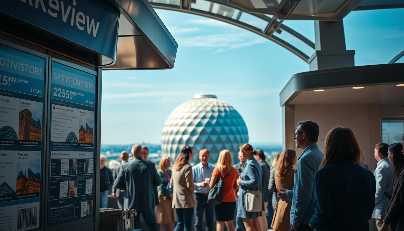 A scenic view of the Skyview at Ericsson Globe in Stockholm, showcasing ticket prices and visitor information in an engaging manner. In the foreground, a well-organized ticket booth displays various ticket options with prices and vibrant imagery of the venue. The middle ground features a diverse group of visitors, dressed in professional business attire and modest casual clothing, eagerly discussing their experiences and planning their visit. The majestic Ericsson Globe looms in the background, surrounded by a clear blue sky. Soft, warm lighting creates an inviting atmosphere, with the shot taken at a slight angle using a Sony A7R IV at 70mm. The image conveys excitement and anticipation, highlighting the unique experience of visiting this iconic landmark.