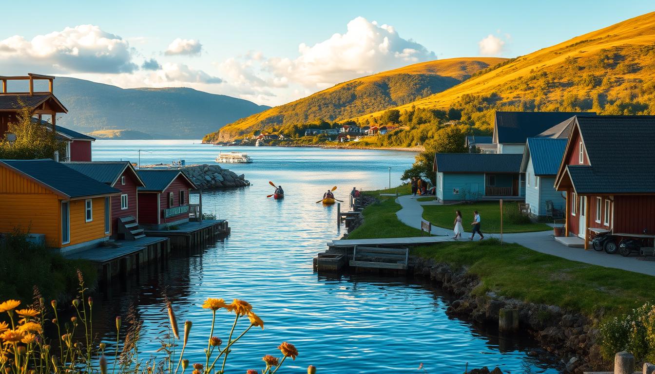 A serene coastal village in Sweden, Ellös Küstendorf, captured in the golden lig...