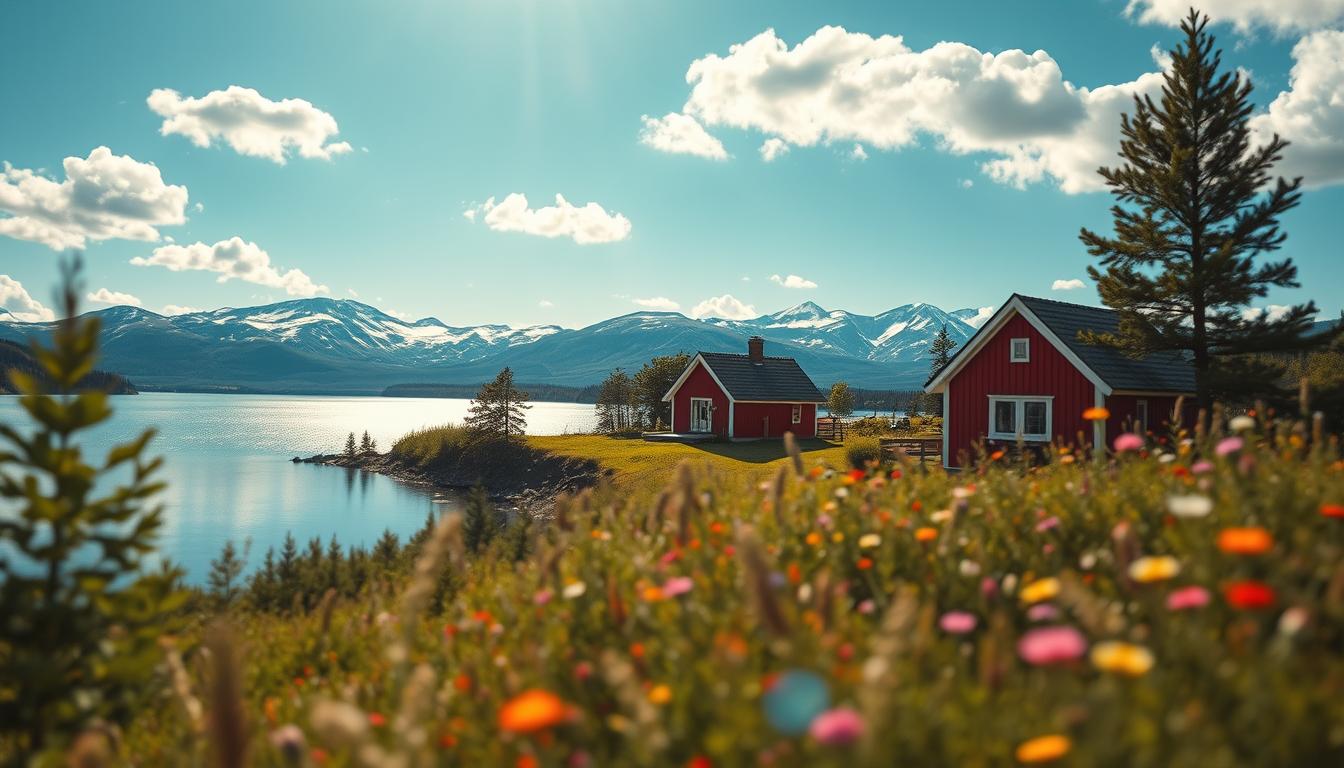 A serene landscape of Sweden during the best travel season, showcasing a picture...