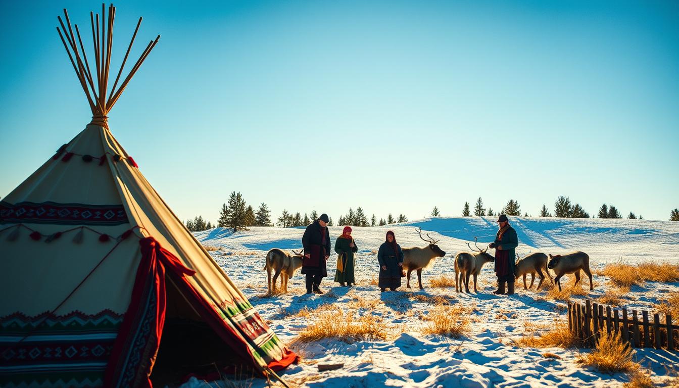 A serene landscape representing Sami culture, featuring a traditional Sami tent (lavvu) in the foreground, adorned with colorful fabrics and intricate patterns. In the middle, Sami individuals dressed in modest traditional clothing-men and women-are engaged in cultural activities like reindeer herding and crafting handicrafts. Surrounding them are snow-covered hills and pine trees, under a bright, clear blue sky providing a natural, vibrant atmosphere. The lighting is soft and golden, casting gentle shadows that enhance the scene’s details. Shot with a Sony A7R IV at 70mm, the image is clearly focused and sharply defined, creating a sense of depth, with a polarized filter accentuating the colors and textures of the landscape.
