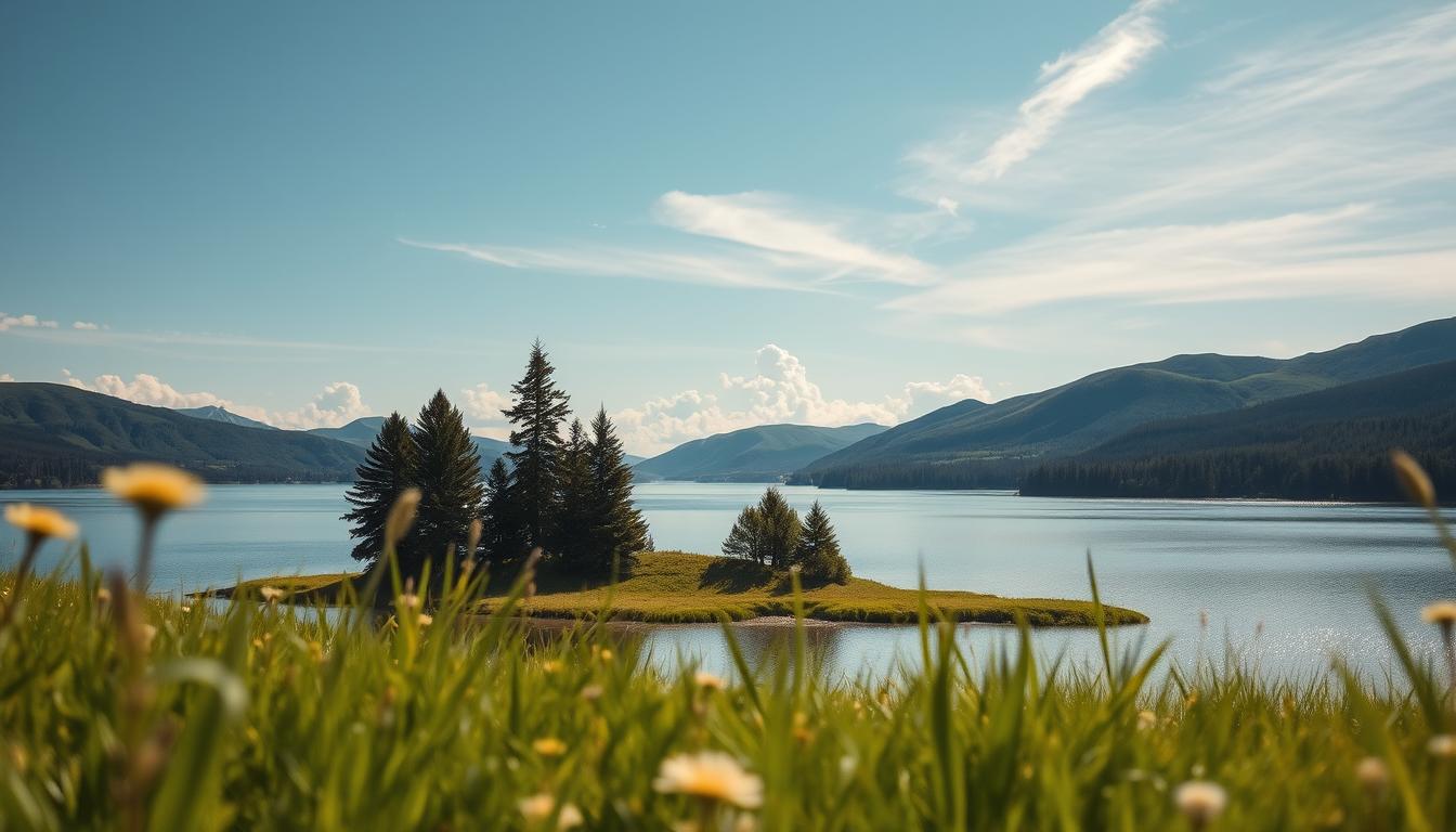 A serene landscape showcasing Tjarn, a tranquil lake nestled in the unspoiled wilderness of Västerbotten. In the foreground, lush green grass and delicate wildflowers frame the scene, leading to the calm waters of the lake reflecting the sky. In the middle ground, clusters of majestic conifer trees dot the shoreline, their deep green contrasting against the shimmering water. The background features dramatic, softly rolling hills under a clear blue sky, with wisps of fluffy clouds drifting lazily. The scene is bathed in warm, golden sunlight, enhancing the peaceful mood of pure nature and stillness. The image is taken with a Sony A7R IV at 70mm, ensuring a clear focus and sharp definition, enhanced by a polarized filter to bring out the vivid colors and reflections in the water.