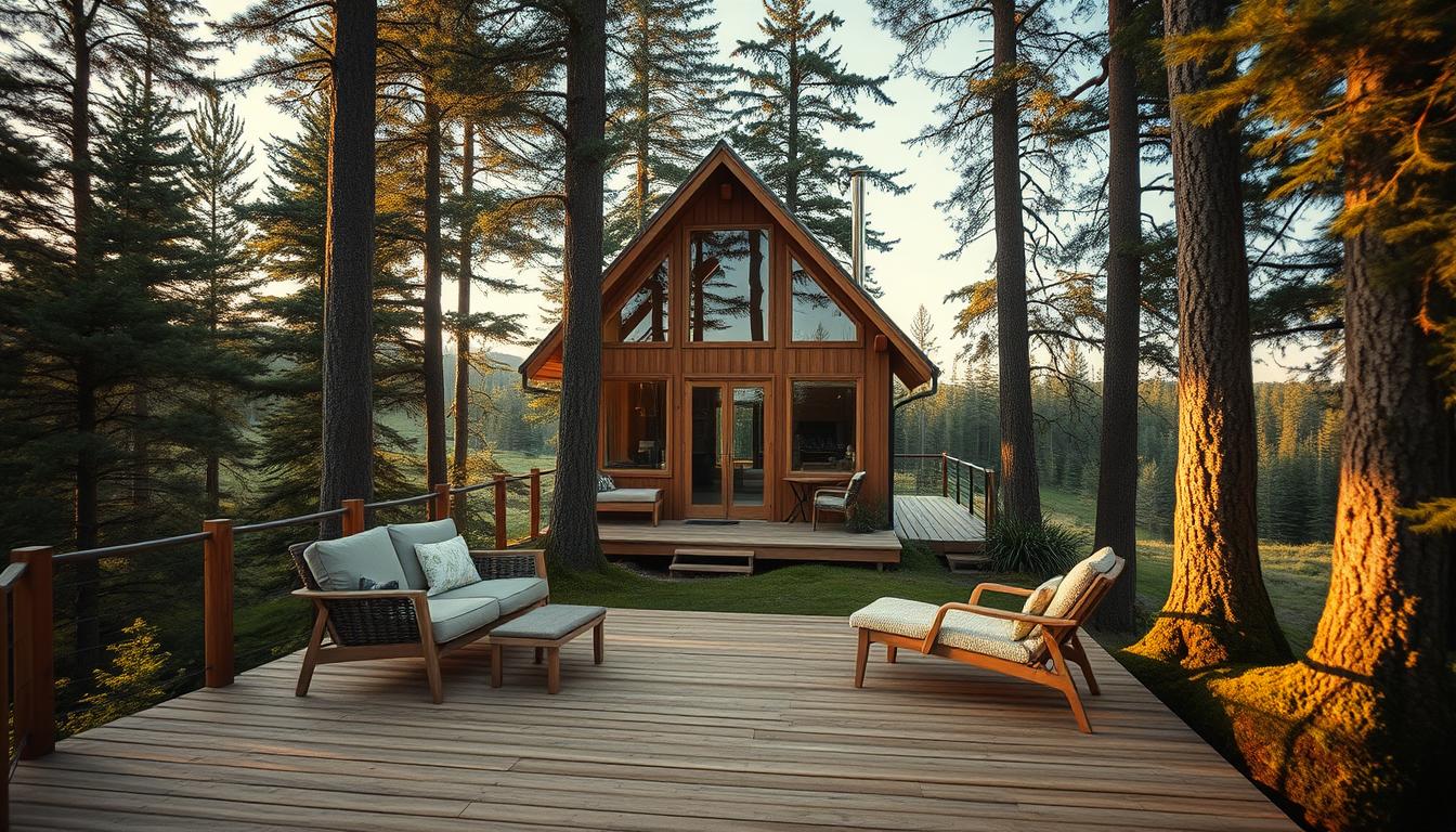 A serene treehouse nestled among towering coniferous trees in Granö-Beckasin, Västerbotten. The foreground features a cozy wooden deck adorned with comfortable outdoor furniture, inviting a sense of relaxation. In the middle ground, the beautifully crafted treehouse showcases large windows and a rustic, natural wood finish, surrounded by lush greenery and soft moss. The background presents a tranquil forest landscape under soft, golden hour lighting, casting a warm glow throughout the scene. A clear sky hints at dusk, enhancing the inviting atmosphere. Shot on a Sony A7R IV with a 70mm lens, the image is sharply defined and clearly focused, utilizing a polarized filter for vibrant colors.