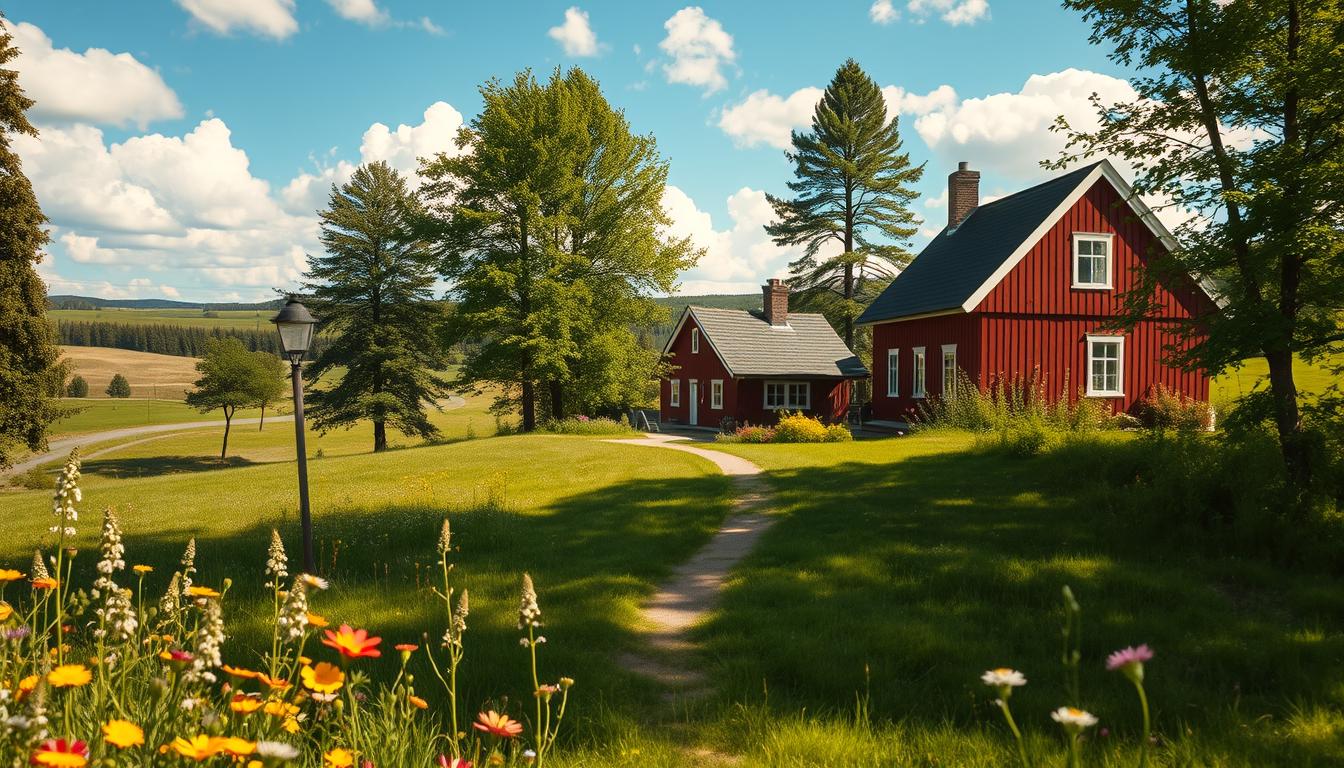 A serene view of Astrid Lindgren's childhood home, Näs, nestled in the lush...