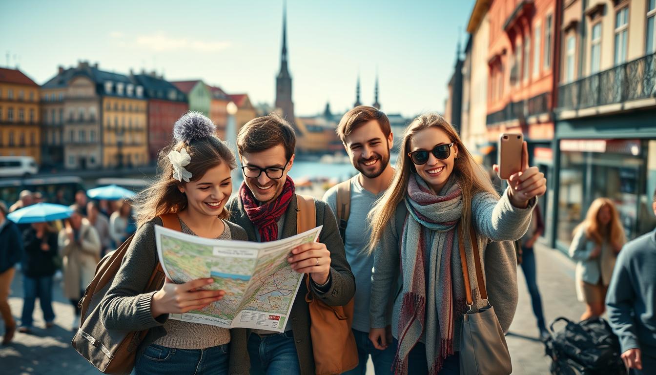 A sophisticated scene depicting a diverse group of tourists exploring Stockholm,...