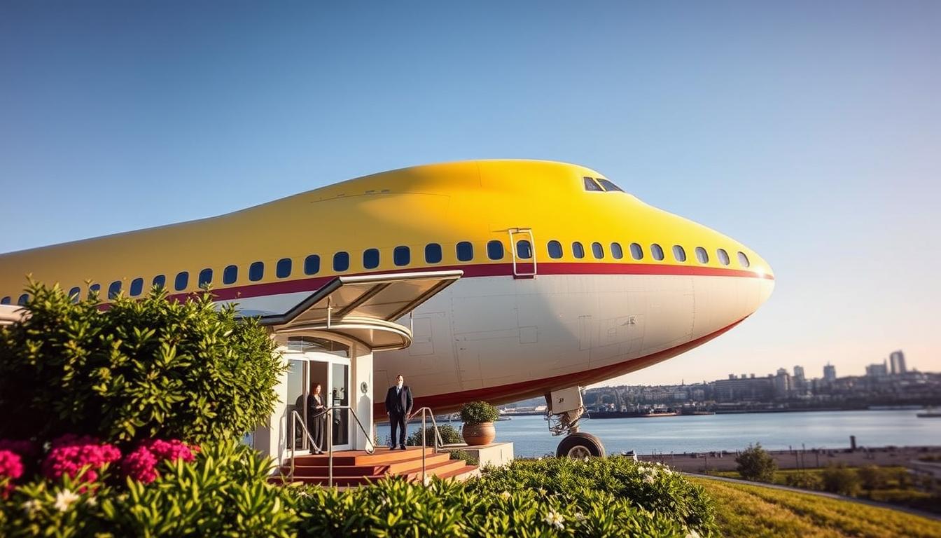 A striking image of Jumbo Stay, the iconic airplane hotel in Stockholm, set agai...