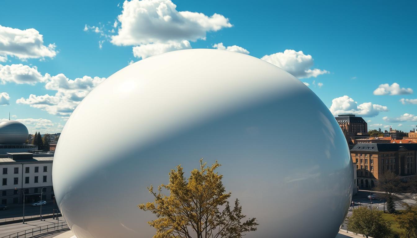 A striking view of the Ericsson Globe in Stockholm, showcasing its unique architectural features. The foreground highlights the smooth, spherical shape of the structure with its gleaming, white exterior, reflecting the soft afternoon sunlight. In the middle ground, the surrounding urban landscape includes modern buildings and trees, providing contrast to the globe's smooth surface. The background features a clear blue sky with fluffy white clouds. The shot is taken with a Sony A7R IV at 70mm, using a polarized filter to enhance colors and reduce glare, providing a sharp and defined image. The atmosphere is tranquil yet awe-inspiring, inviting viewers to appreciate the innovative design of this iconic landmark.