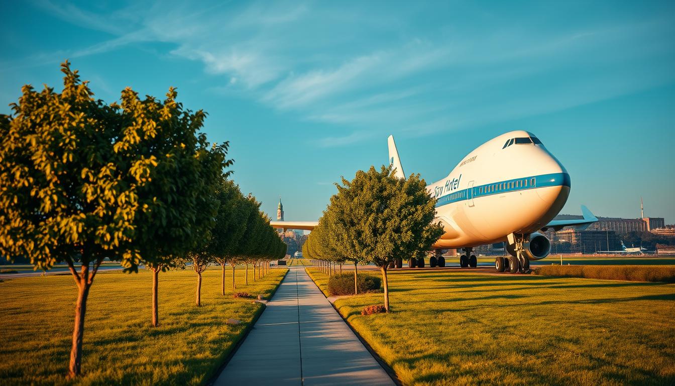 A striking view of the Jumbo Stay Hotel, a converted Boeing 747-200 located near...