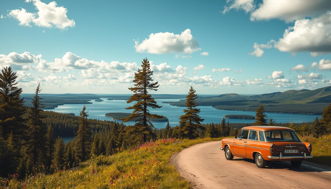 A stunning Swedish landscape, showcasing lush green forests and tranquil lakes u...