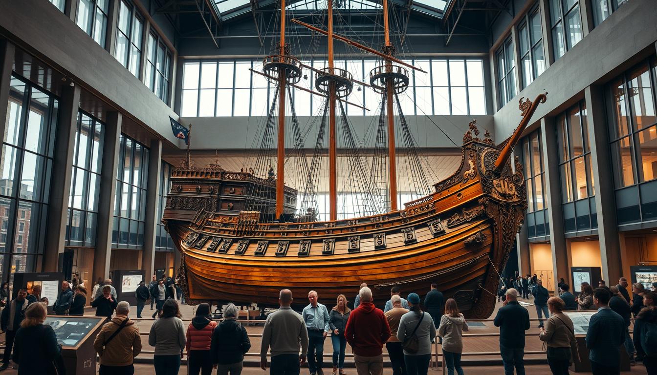 A stunning interior view of the Vasa Museum in Stockholm, showcasing the majesti...