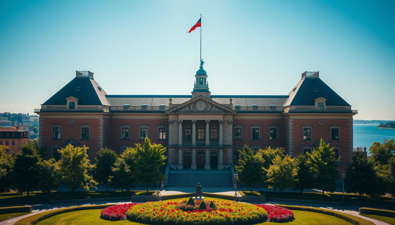 A stunning view of Stadshuset, the iconic city hall of Stockholm, set against a ...
