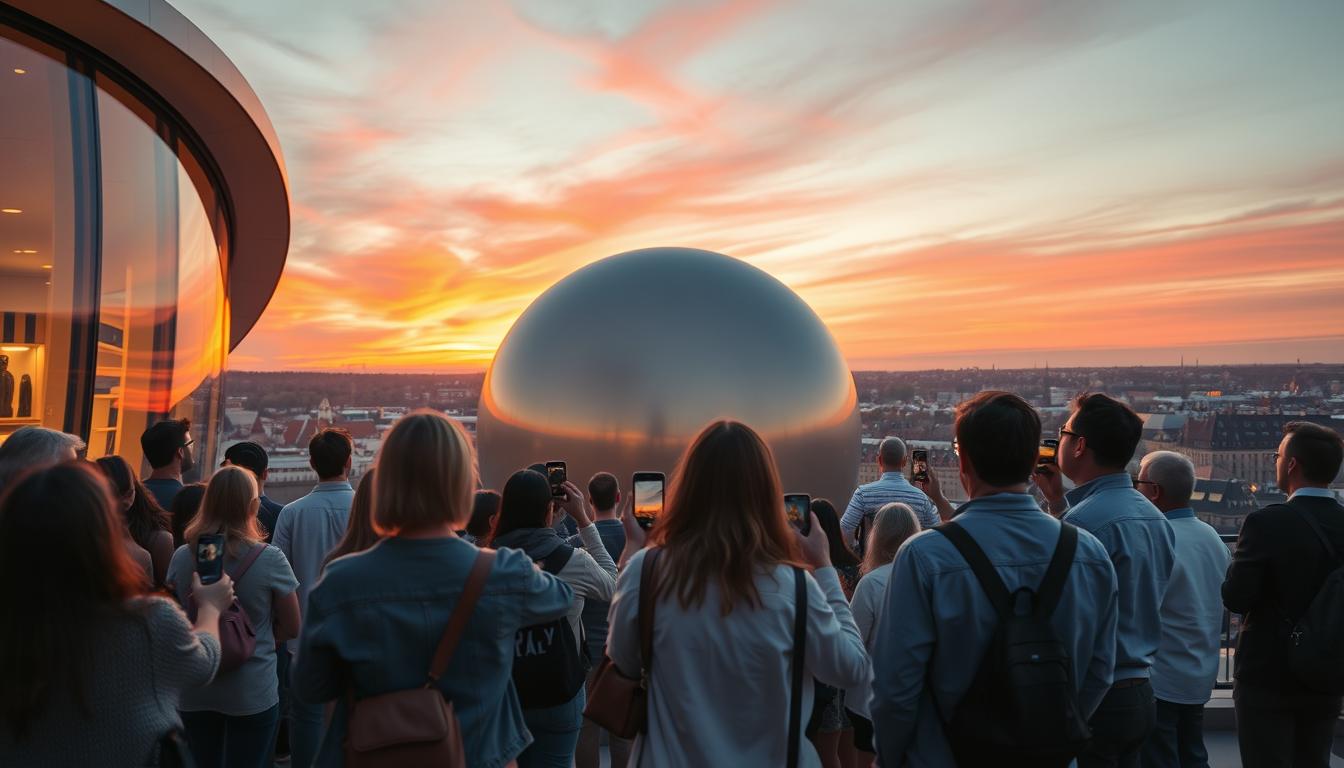 A stunning view of the Skyview at Ericsson Globe in Stockholm, showcasing the iconic spherical structure against a vibrant sunset sky. In the foreground, a diverse group of visitors in modest casual clothing admire the breathtaking scene, capturing the moment with their smartphones. The middle section features the sleek, reflective surface of Skyview, illuminated by warm golden light, reflecting hues of orange and pink from the sunset. In the background, the picturesque skyline of Stockholm with its historic buildings, enhanced by soft twilight. The image is shot on a Sony A7R IV with a 70mm lens, clearly focused, sharply defined, using a polarized filter to enhance the colors and reduce glare, creating an inviting and serene atmosphere ideal for evening visits.