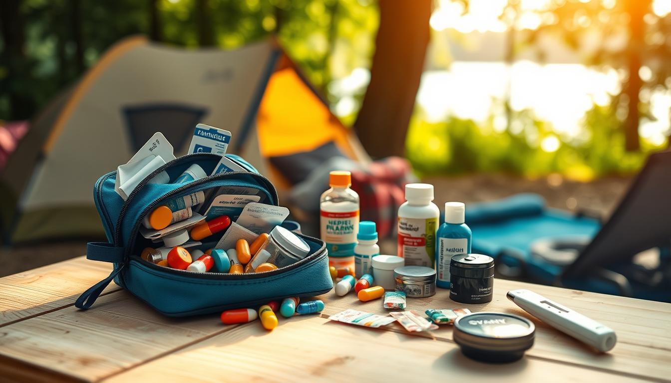 A tidy arrangement of a travel pharmacy kit on a light wooden table, showcasing various over-the-counter medications and health supplies such as pain relievers, band-aids, antiseptics, and vitamins, all neatly organized. The foreground features a small, open blue travel medicine bag filled with colorful pill containers and medical items. In the middle ground, a bottle of hand sanitizer and a thermometer add a comforting touch. The background includes a softly blurred camping scene with green trees and a hint of a serene lake, suggesting a peaceful vacation atmosphere. The lighting is warm and inviting, mimicking natural sunlight filtering through. Captured with a Sony A7R IV at 70mm, the image is sharply defined and clear with a polarized filter enhancing colors.